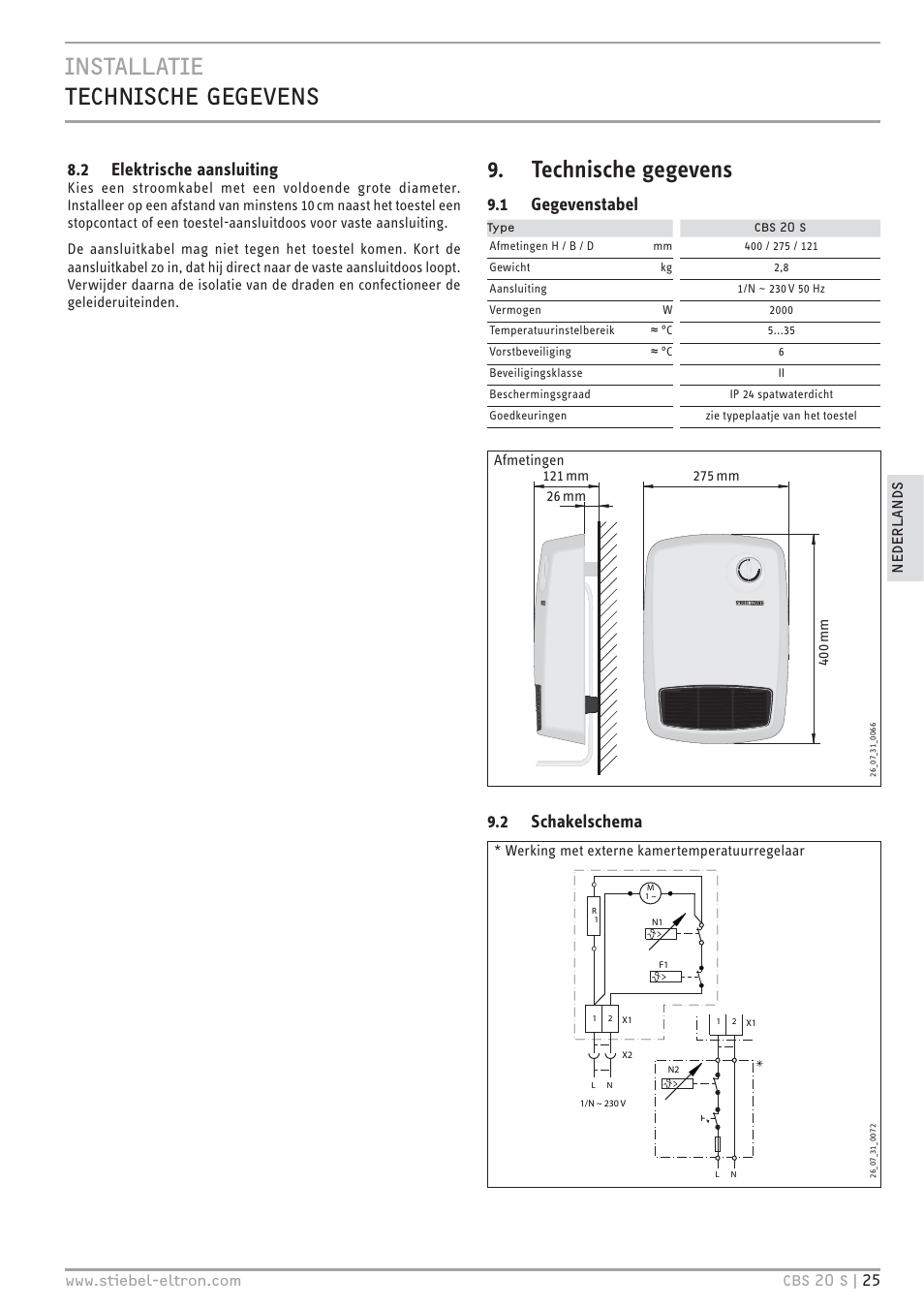 Technische gegevens, 2 elektrische aansluiting, 1 gegevenstabel | 2 schakelschema | STIEBEL ELTRON CBS 20 S 22.09.2008 - 06.03.2011 User Manual | Page 25 / 52