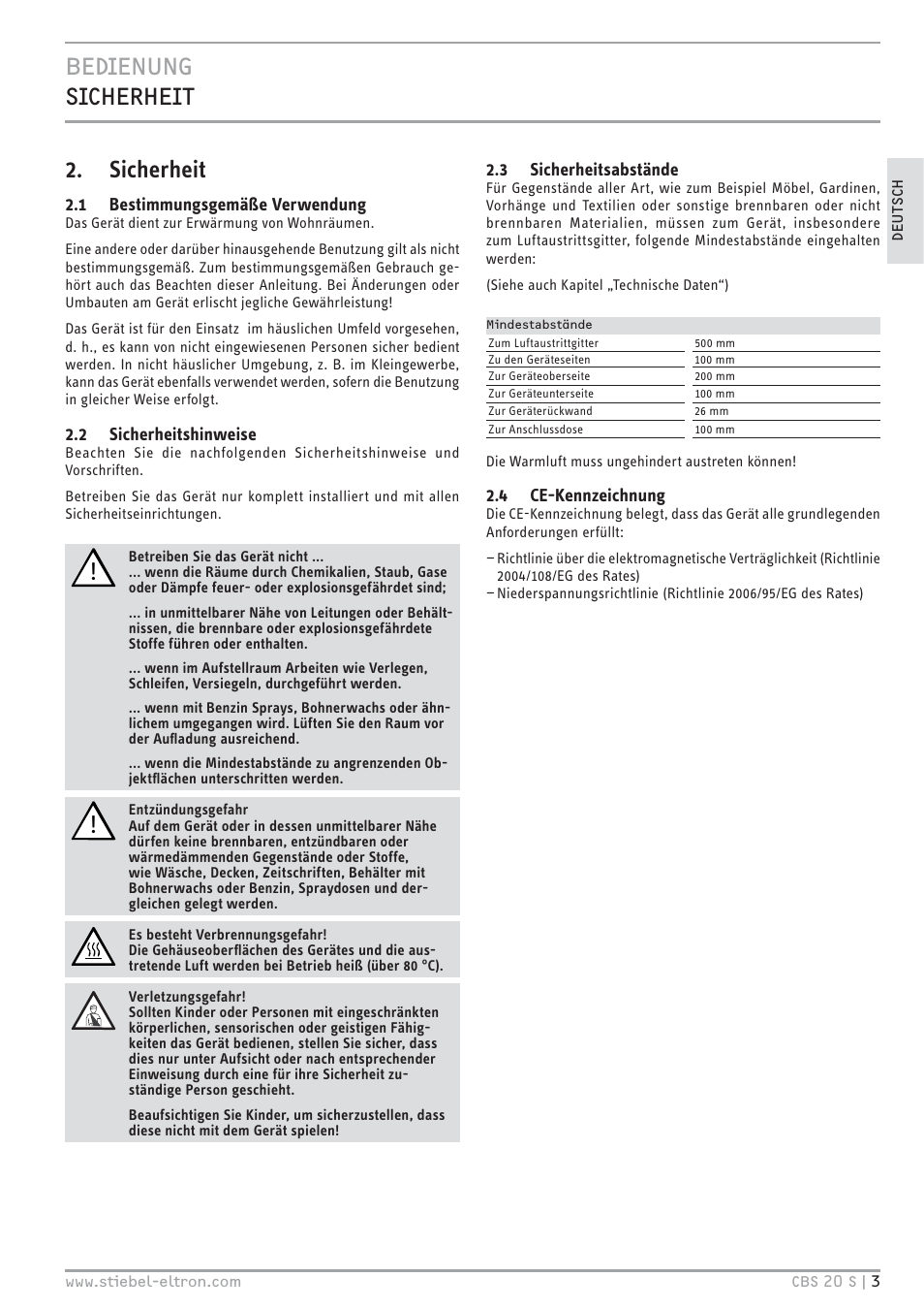 Sicherheit | STIEBEL ELTRON CBS 20 S 22.09.2008 - 06.03.2011 User Manual | Page 3 / 52