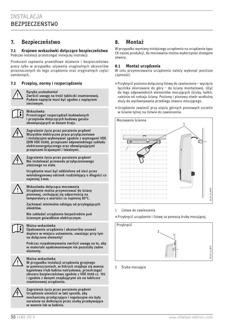 Bezpieczeństwo, Montaż | STIEBEL ELTRON CBS 20 S 22.09.2008 - 06.03.2011 User Manual | Page 30 / 52