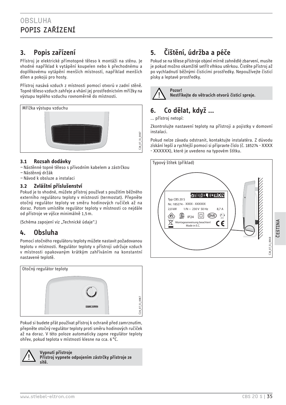 Popis zařízení, Obsluha, Čištění, údržba a péče | Co dělat, když, 1 rozsah dodávky, 2 zvláštní příslušenství | STIEBEL ELTRON CBS 20 S 22.09.2008 - 06.03.2011 User Manual | Page 35 / 52