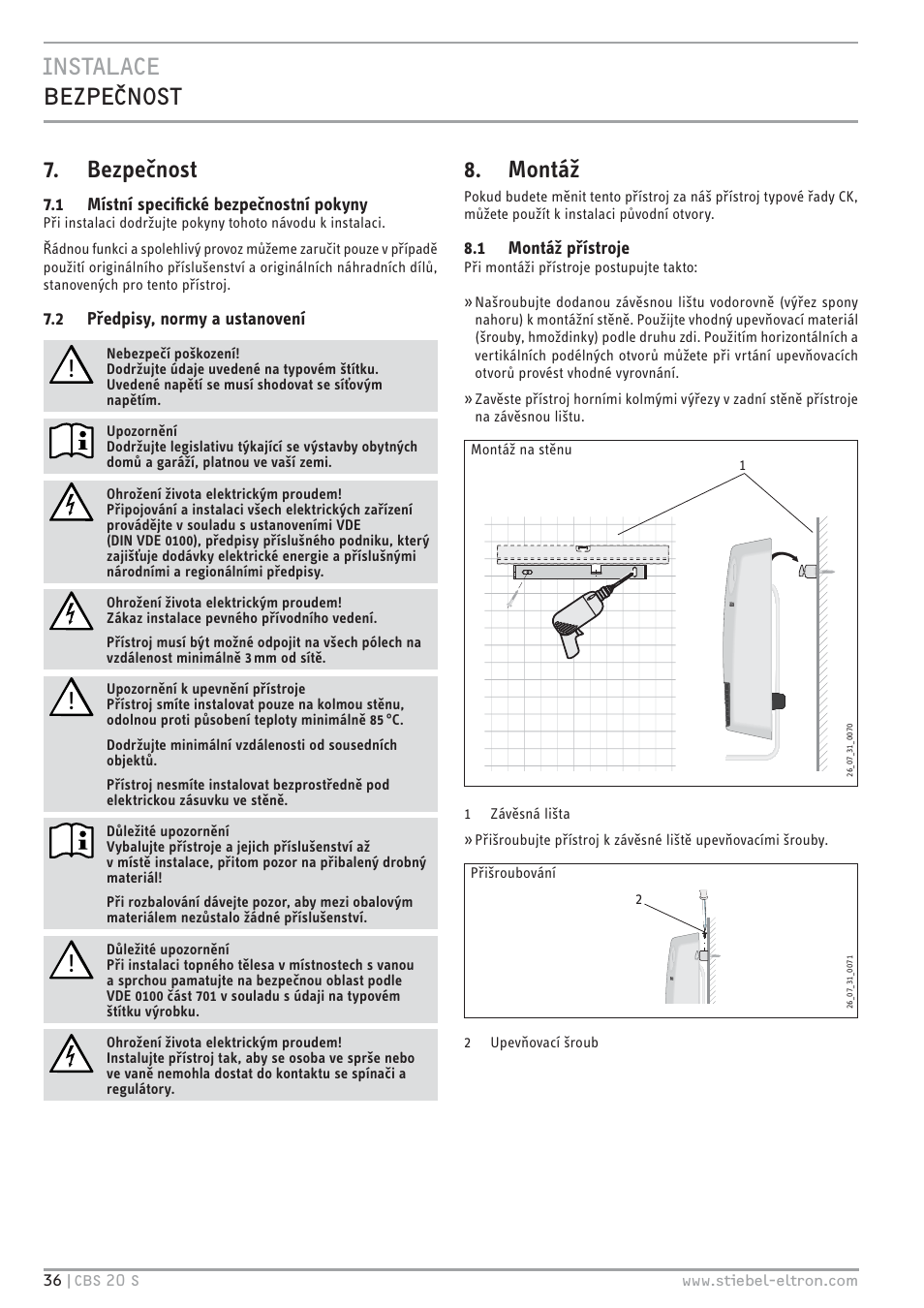 Bezpečnost, Montáž | STIEBEL ELTRON CBS 20 S 22.09.2008 - 06.03.2011 User Manual | Page 36 / 52