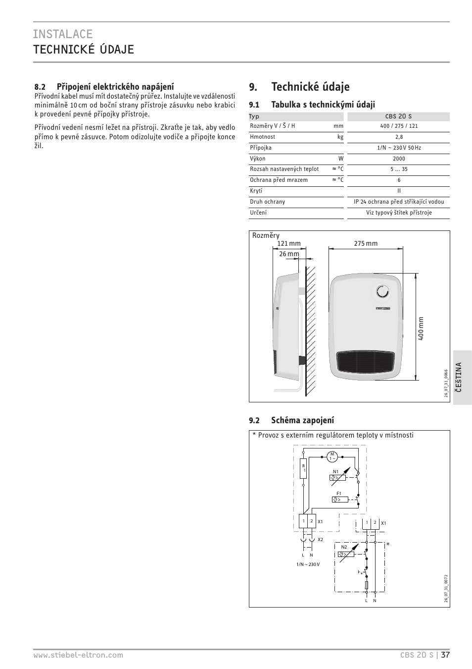 Technické údaje, 2 připojení elektrického napájení, 1 tabulka s technickými údaji | 2 schéma zapojení | STIEBEL ELTRON CBS 20 S 22.09.2008 - 06.03.2011 User Manual | Page 37 / 52