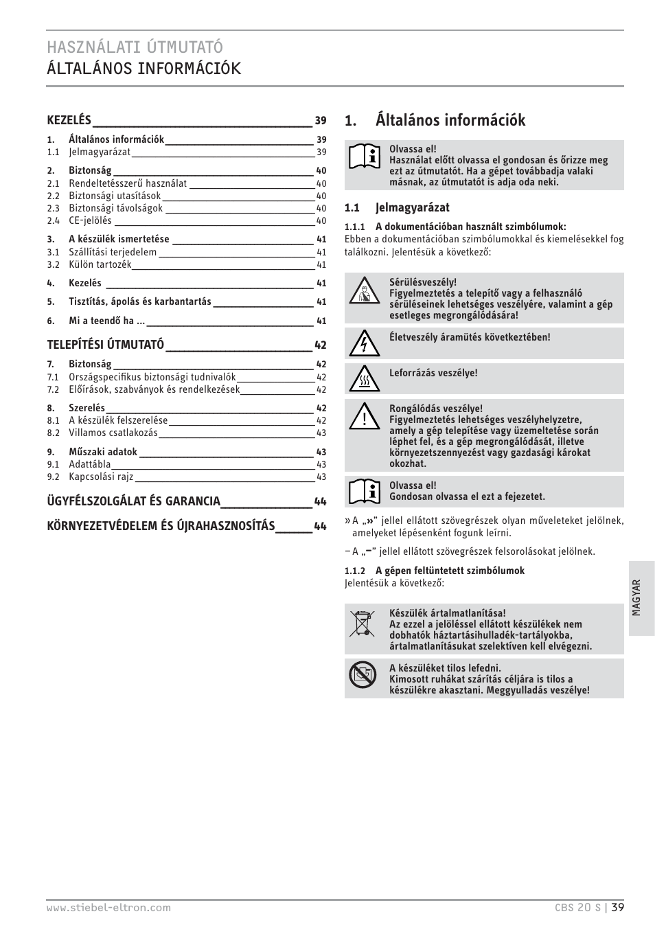 Általános információk | STIEBEL ELTRON CBS 20 S 22.09.2008 - 06.03.2011 User Manual | Page 39 / 52