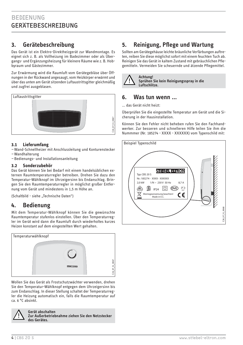 Bedienung, Reinigung, pﬂege und wartung, Was tun wenn | 1 lieferumfang, 2 sonderzubehör | STIEBEL ELTRON CBS 20 S 22.09.2008 - 06.03.2011 User Manual | Page 4 / 52