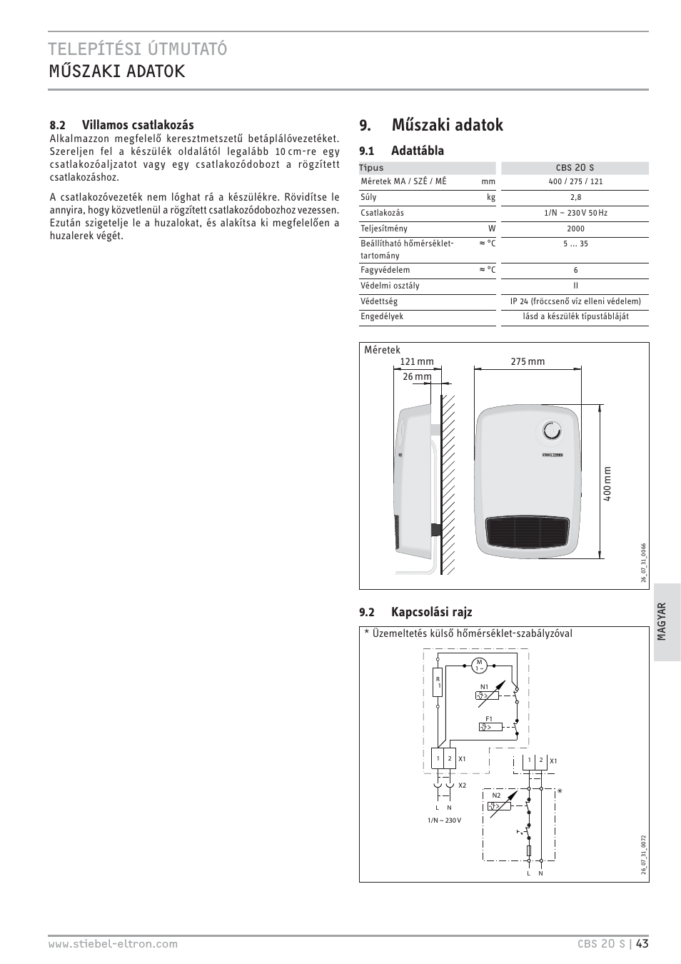 Műszaki adatok, 2 villamos csatlakozás, 1 adattábla | 2 kapcsolási rajz | STIEBEL ELTRON CBS 20 S 22.09.2008 - 06.03.2011 User Manual | Page 43 / 52