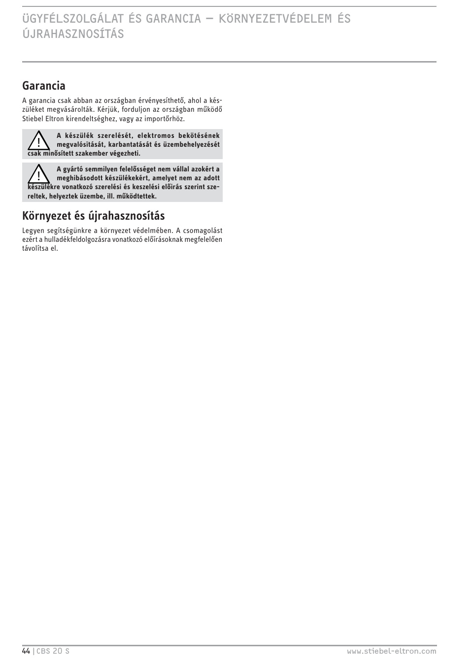 STIEBEL ELTRON CBS 20 S 22.09.2008 - 06.03.2011 User Manual | Page 44 / 52