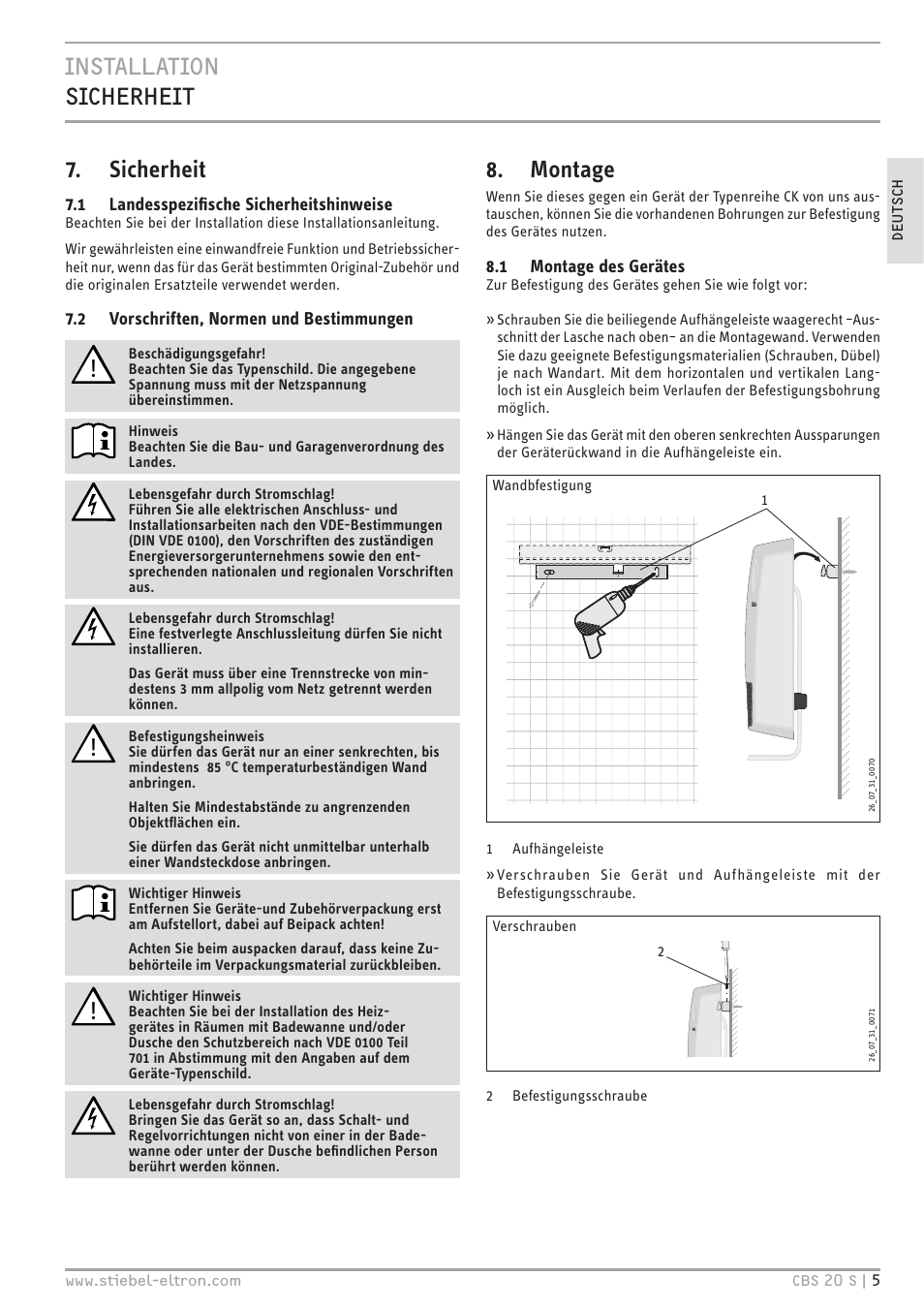Sicherheit, Montage | STIEBEL ELTRON CBS 20 S 22.09.2008 - 06.03.2011 User Manual | Page 5 / 52