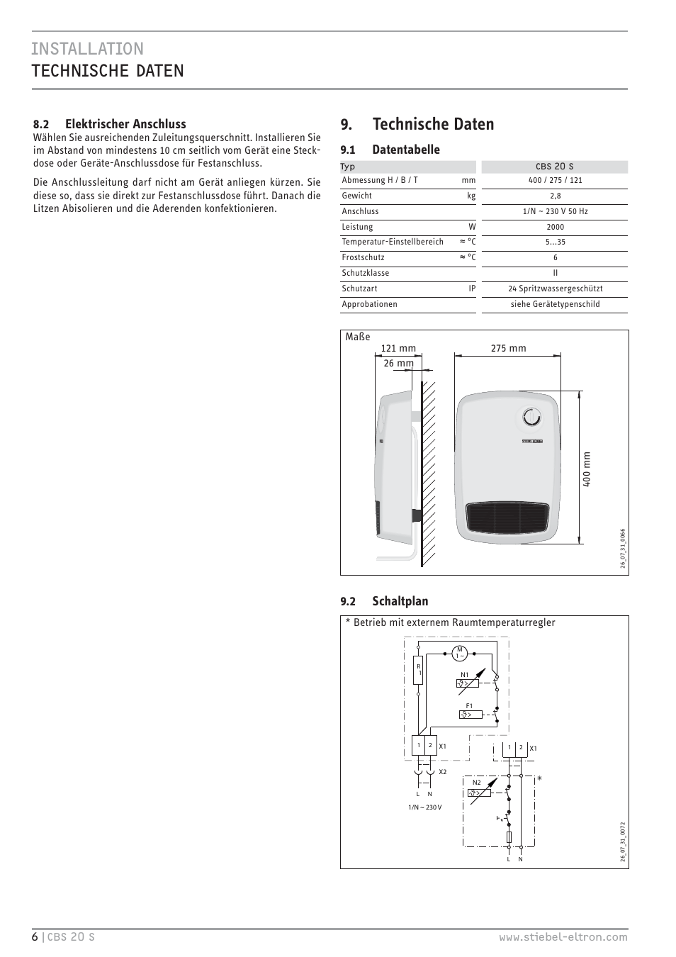 Technische daten, 2 elektrischer anschluss, 1 datentabelle | 2 schaltplan | STIEBEL ELTRON CBS 20 S 22.09.2008 - 06.03.2011 User Manual | Page 6 / 52