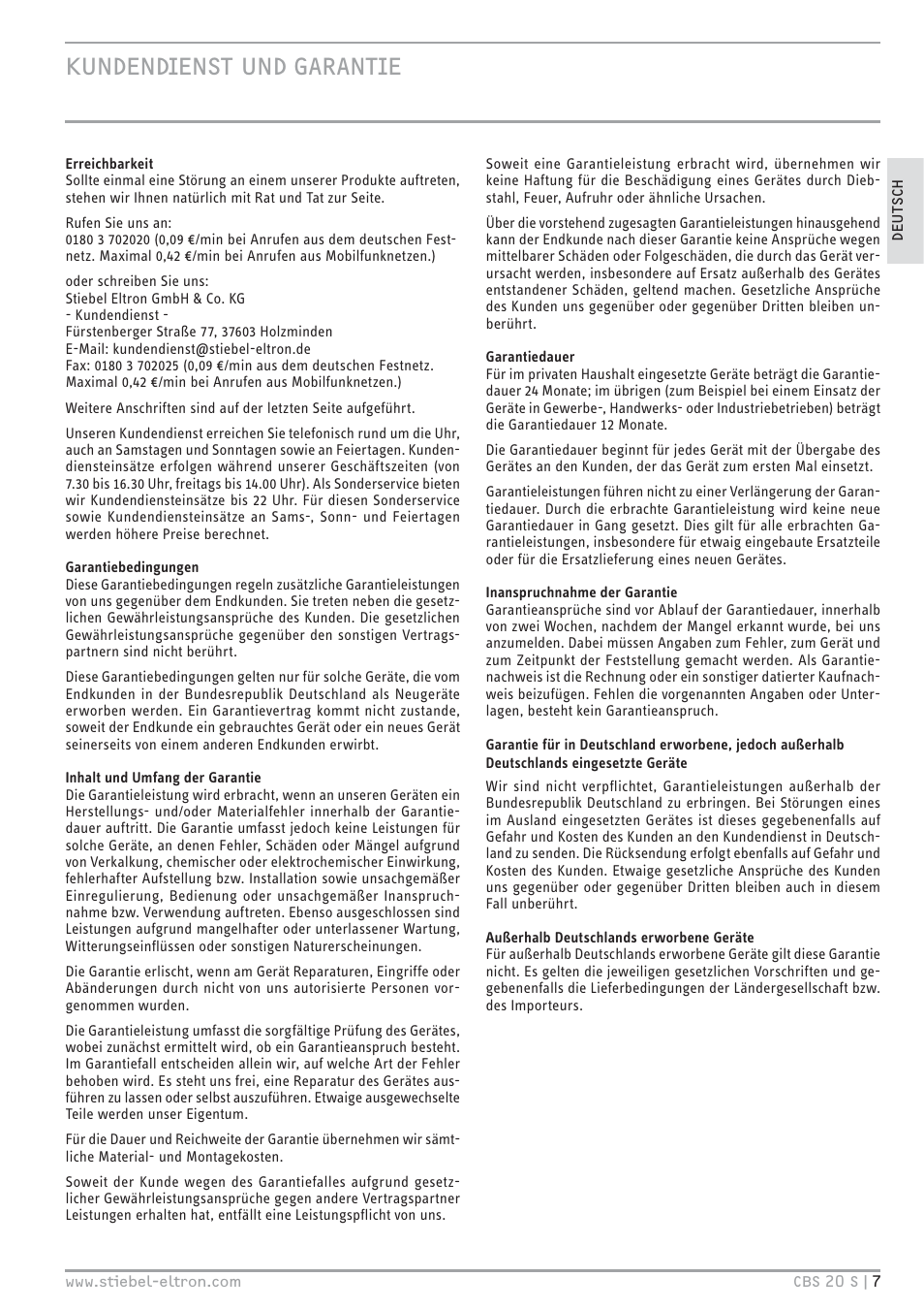 STIEBEL ELTRON CBS 20 S 22.09.2008 - 06.03.2011 User Manual | Page 7 / 52