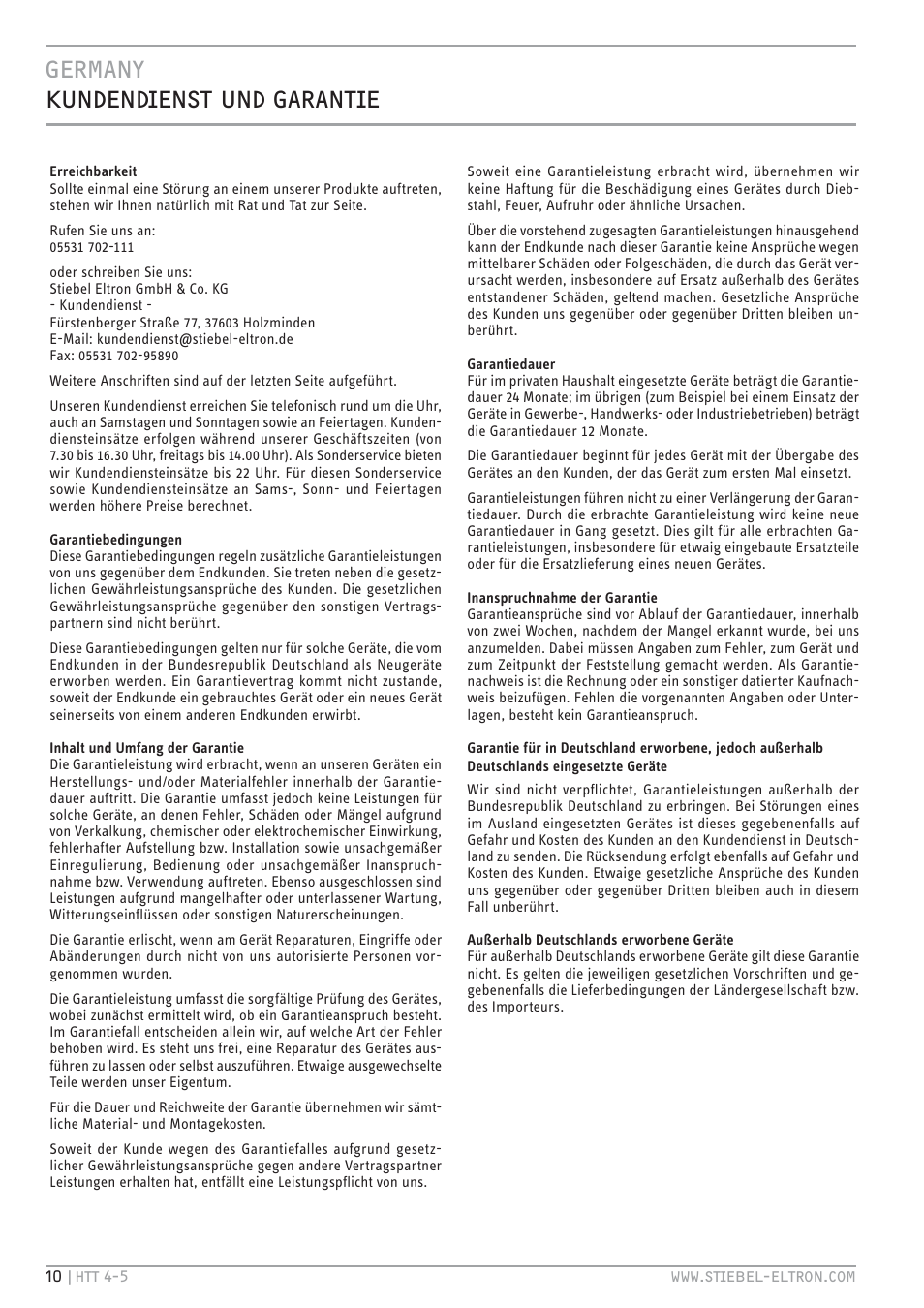 Germany kundendienst und garantie | STIEBEL ELTRON HTT turbotronic 5 с 01.03.2009 User Manual | Page 10 / 88