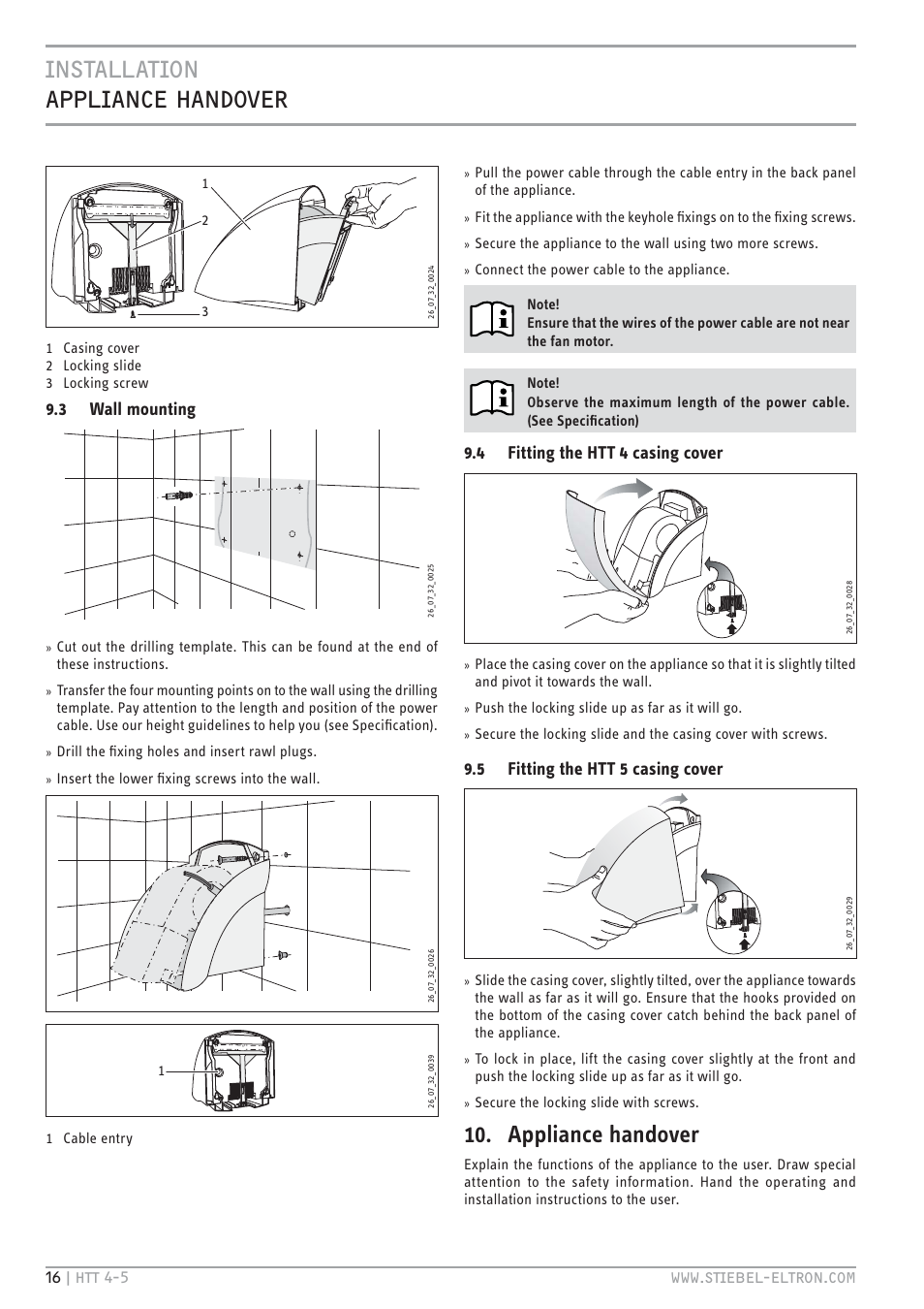 Installation appliance handover, Appliance handover, 3 wall mounting | 4 fitting the htt 4 casing cover, 5 fitting the htt 5 casing cover | STIEBEL ELTRON HTT turbotronic 5 с 01.03.2009 User Manual | Page 16 / 88