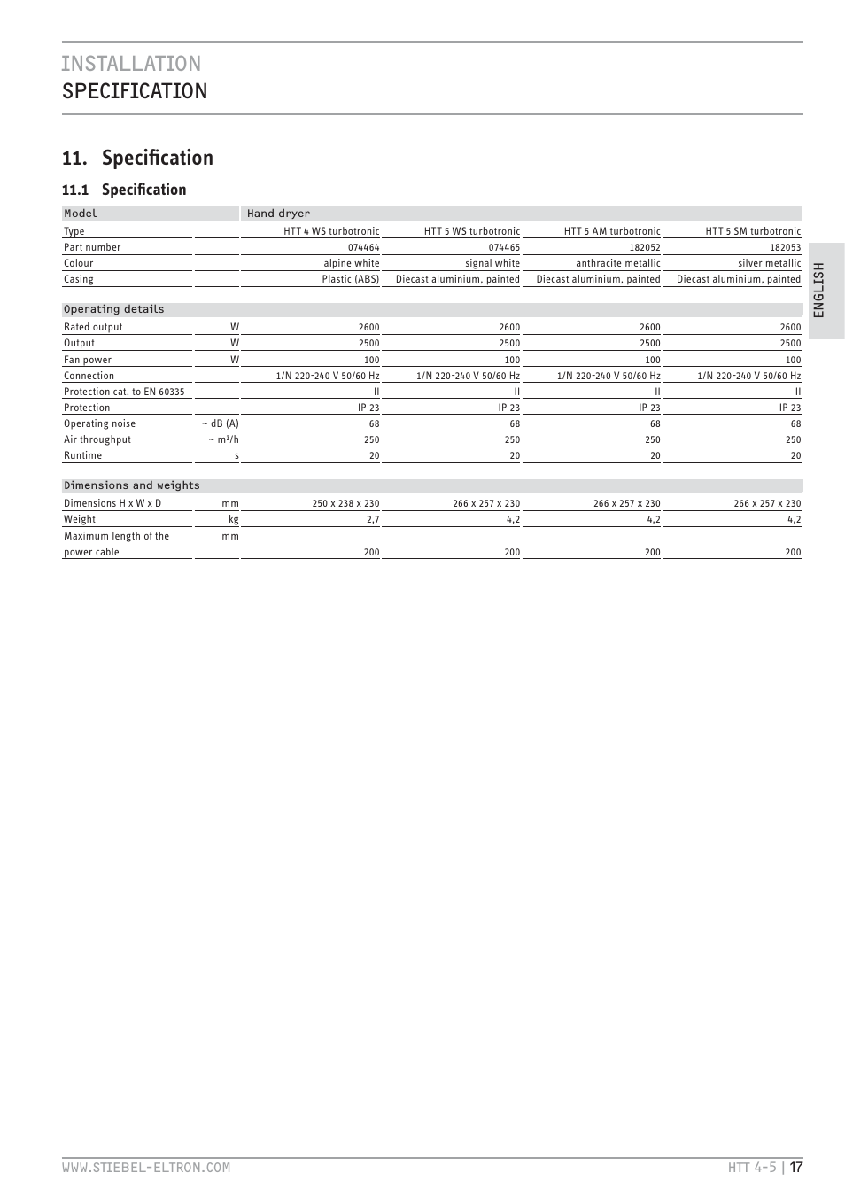 Installation specification 11. speciﬁcation, 1 speciﬁcation | STIEBEL ELTRON HTT turbotronic 5 с 01.03.2009 User Manual | Page 17 / 88