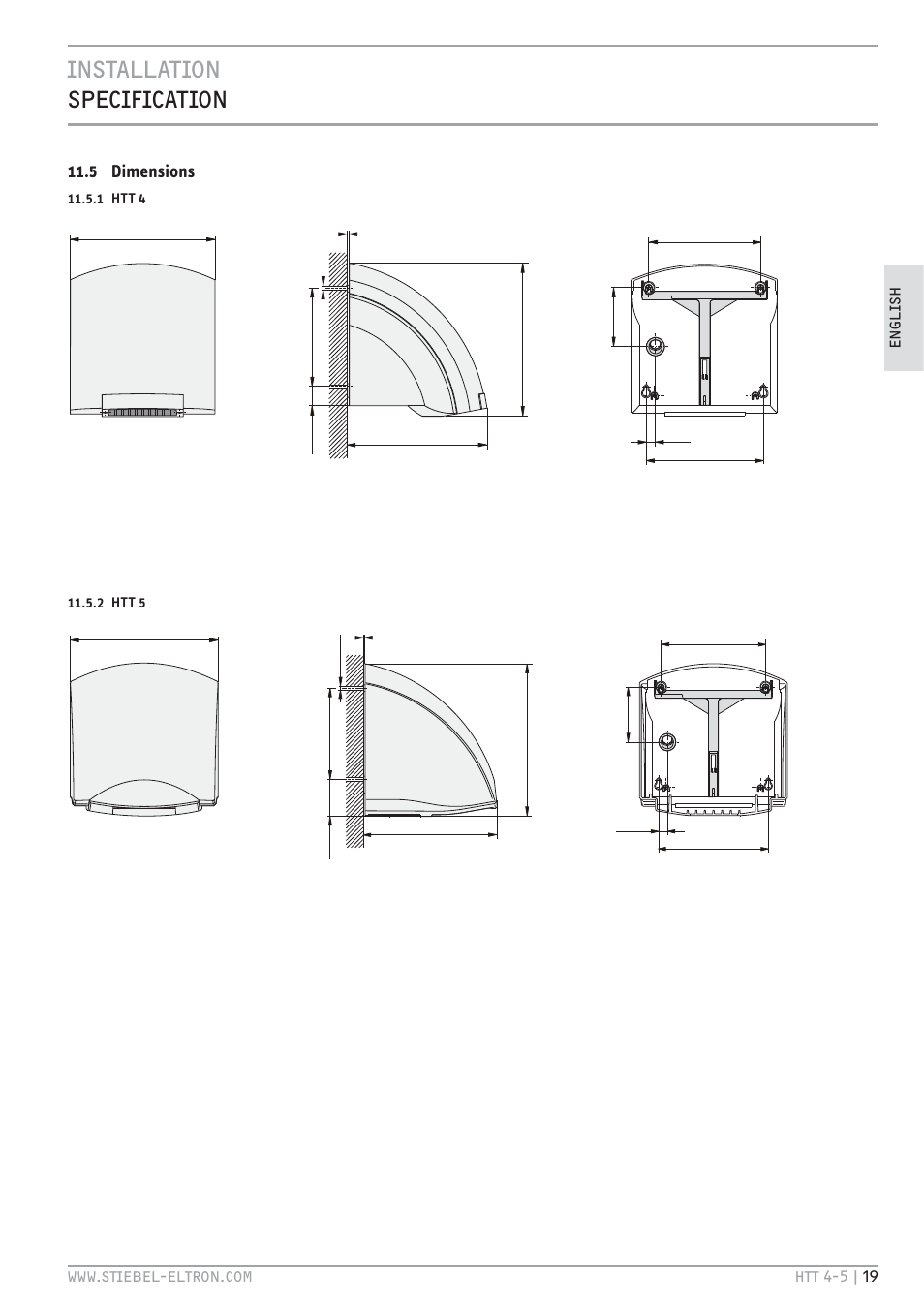Installation specification, 5 dimensions | STIEBEL ELTRON HTT turbotronic 5 с 01.03.2009 User Manual | Page 19 / 88