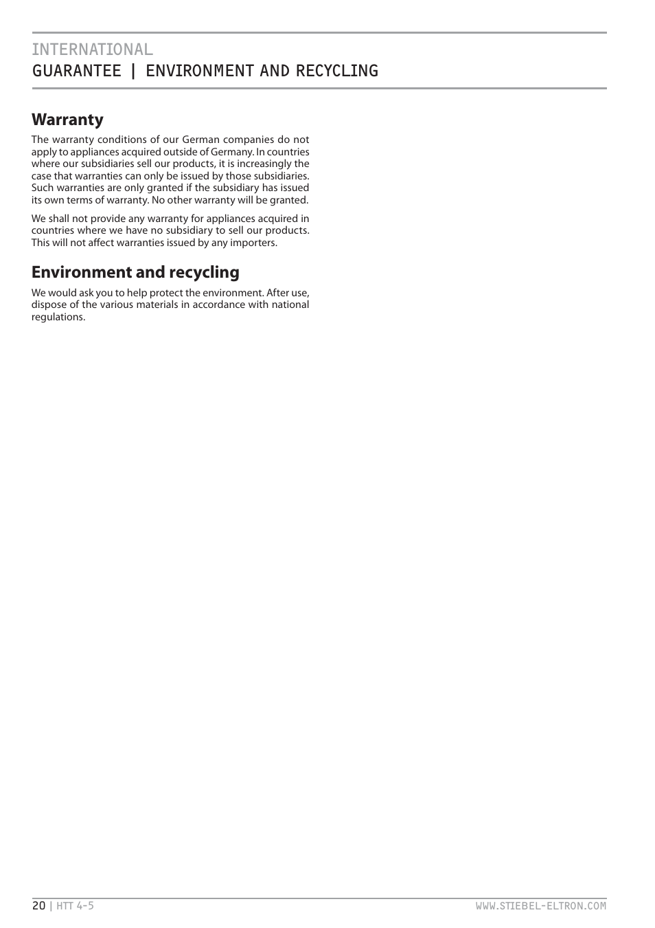 Environment and recycling | STIEBEL ELTRON HTT turbotronic 5 с 01.03.2009 User Manual | Page 20 / 88
