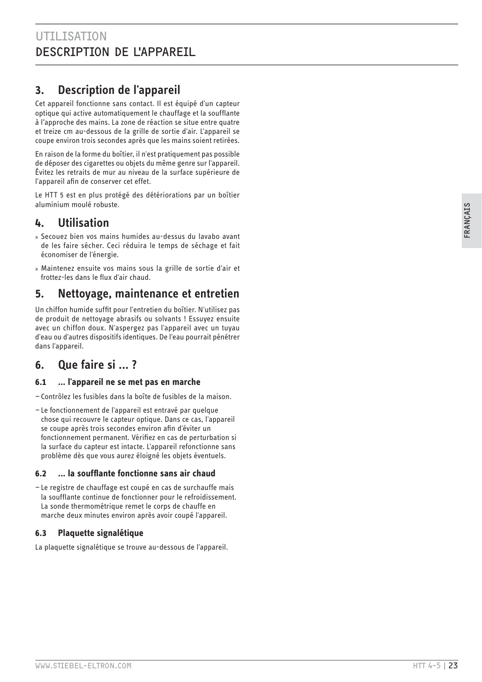 Utilisation description de l'appareil, Description de l'appareil, Utilisation | Nettoyage, maintenance et entretien, Que faire si | STIEBEL ELTRON HTT turbotronic 5 с 01.03.2009 User Manual | Page 23 / 88