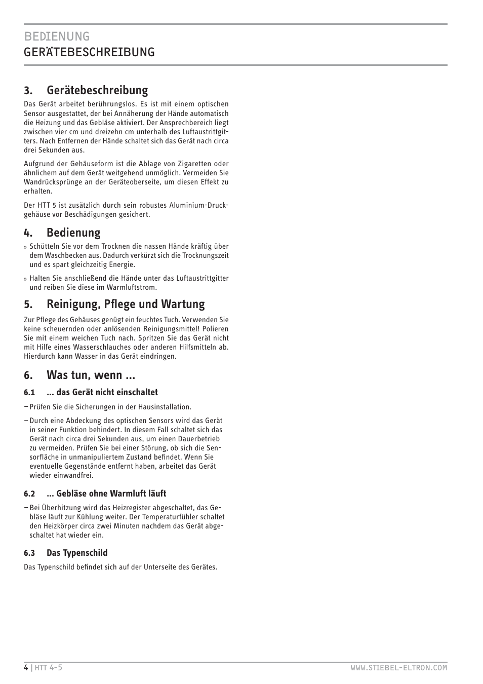 Bedienung gerätebeschreibung, Gerätebeschreibung, Bedienung | Reinigung, pﬂege und wartung, Was tun, wenn | STIEBEL ELTRON HTT turbotronic 5 с 01.03.2009 User Manual | Page 4 / 88