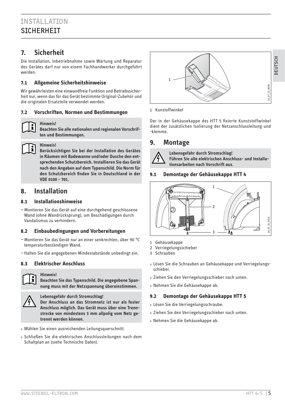 Installation sicherheit 7. sicherheit, Installation, Montage | STIEBEL ELTRON HTT turbotronic 5 с 01.03.2009 User Manual | Page 5 / 88