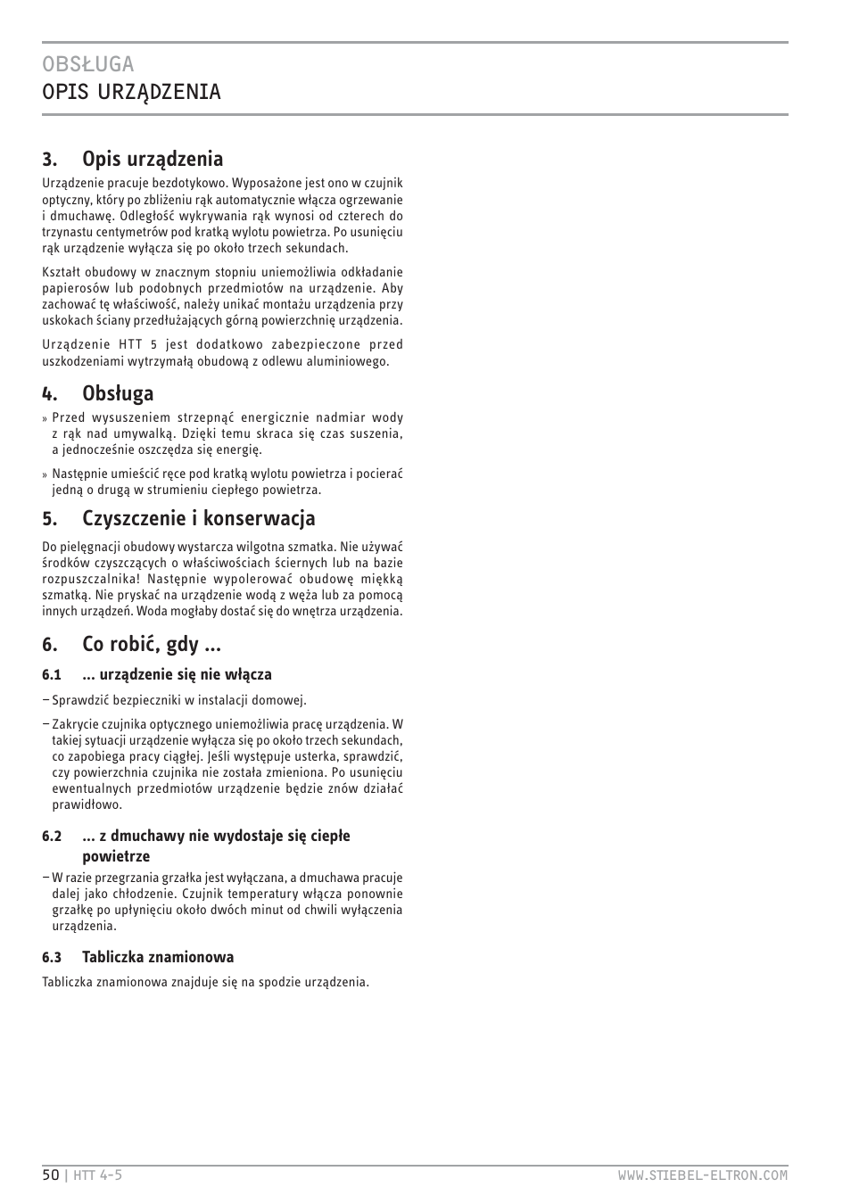 Obsauga opis urz dzenia, Opis urządzenia, Obsługa | Czyszczenie i konserwacja, Co robić, gdy | STIEBEL ELTRON HTT turbotronic 5 с 01.03.2009 User Manual | Page 50 / 88