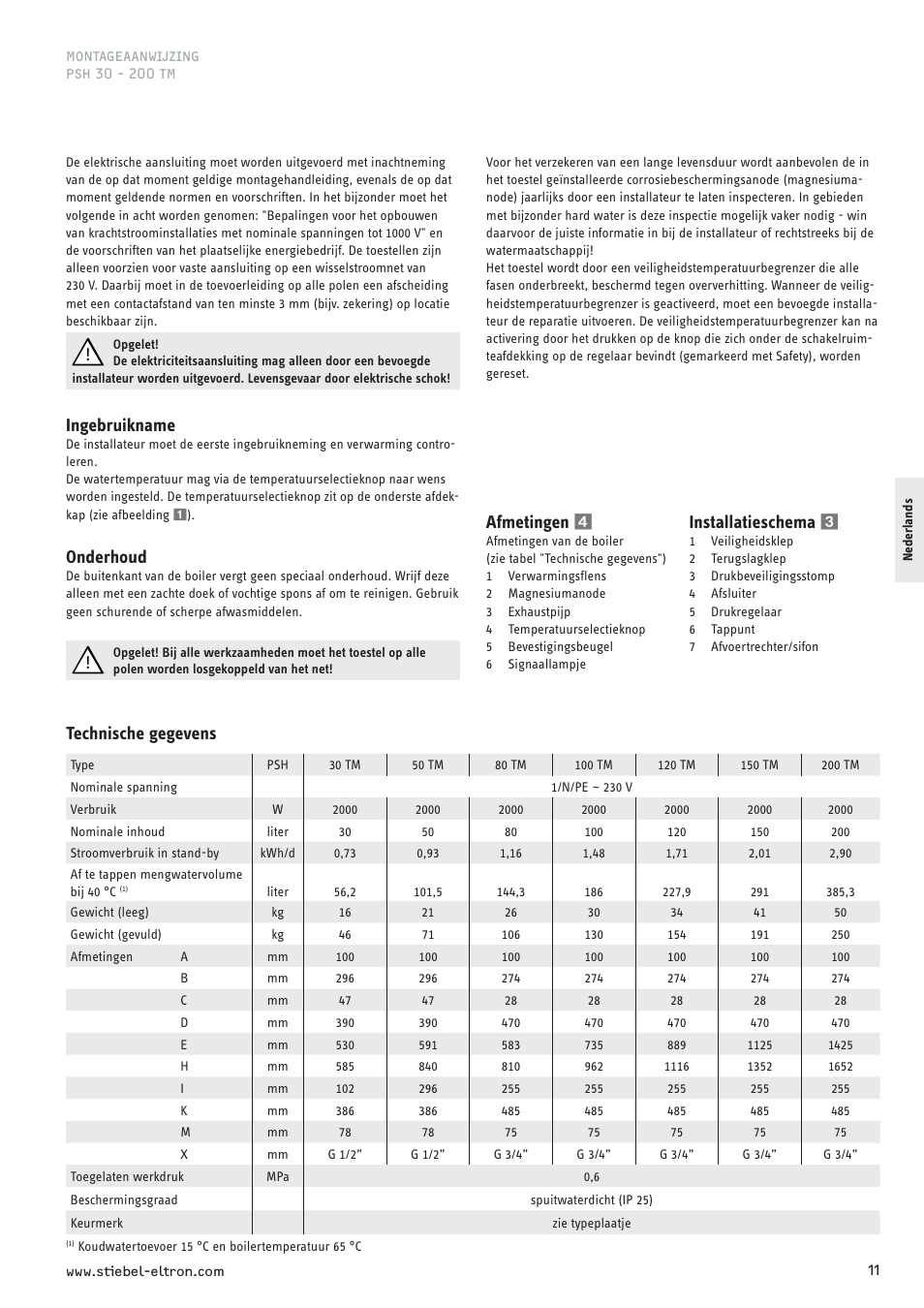 Ingebruikname, Onderhoud, Technische gegevens | Afmetingen 4, Installatieschema 3 | STIEBEL ELTRON PSH TM с 01.09.2008 User Manual | Page 11 / 24