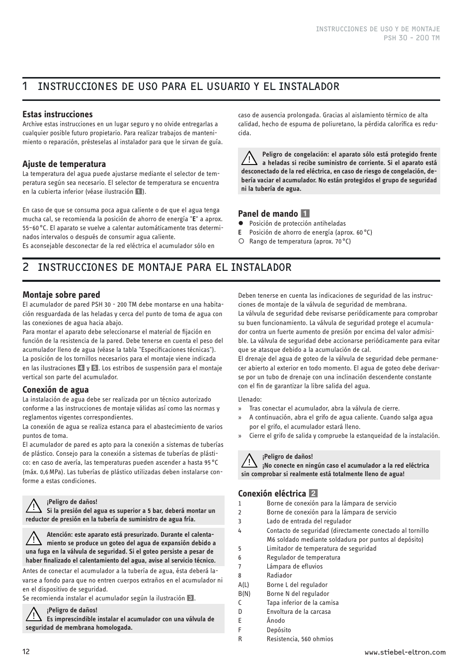 2 instrucciones de montaje para el instalador | STIEBEL ELTRON PSH TM с 01.09.2008 User Manual | Page 12 / 24