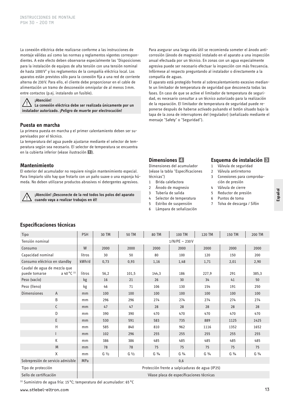 Puesta en marcha, Mantenimiento, Especificaciones técnicas | Dimensiones 4, Esquema de instalación 3 | STIEBEL ELTRON PSH TM с 01.09.2008 User Manual | Page 13 / 24