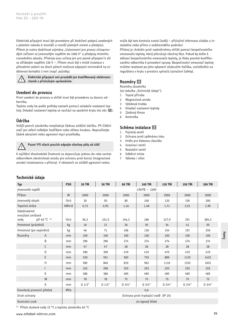 Technické údaje, Uvedení do provozu, Údržba | Rozměry 4, Schéma instalace 3 | STIEBEL ELTRON PSH TM с 01.09.2008 User Manual | Page 19 / 24