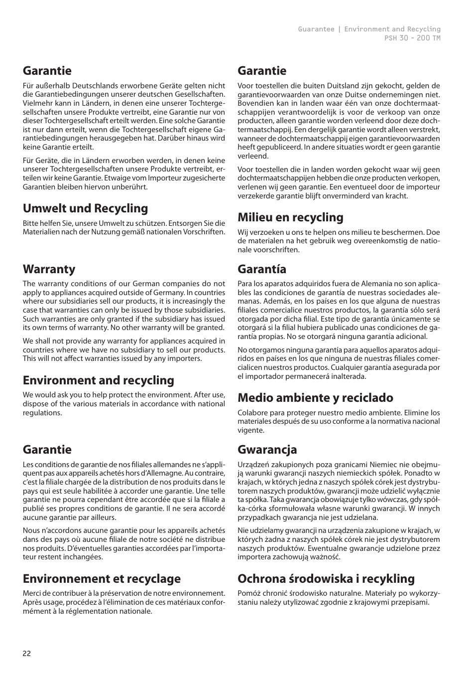 Garantie, Umwelt und recycling, Warranty | Environment and recycling, Garantía, Medio ambiente y reciclado, Environnement et recyclage, Milieu en recycling, Gwarancja, Ochrona środowiska i recykling | STIEBEL ELTRON PSH TM с 01.09.2008 User Manual | Page 22 / 24