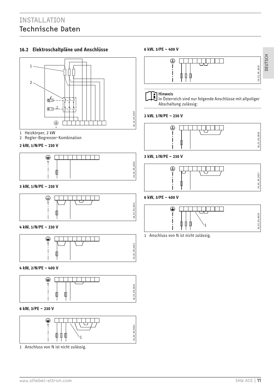 Installation technische daten, 2 elektroschaltpläne und anschlüsse, 11 anschluss von n ist nicht zulässig | STIEBEL ELTRON SHW 200-400 ACE с 06.05.2013 User Manual | Page 11 / 48