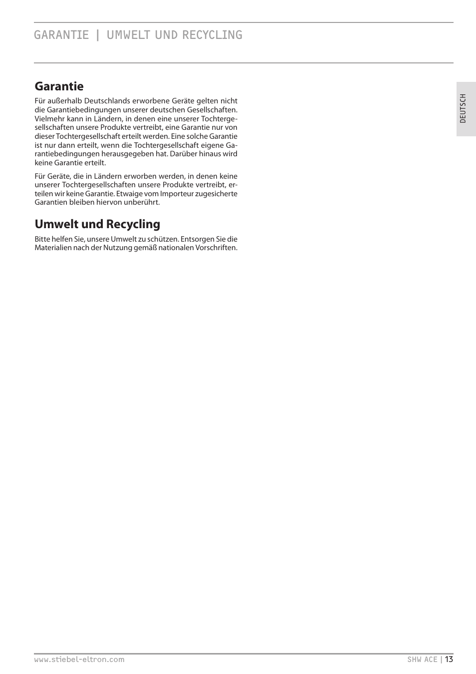 Garantie umwelt und recycling, Garantie | umwelt und recycling, Garantie | Umwelt und recycling | STIEBEL ELTRON SHW 200-400 ACE с 06.05.2013 User Manual | Page 13 / 48
