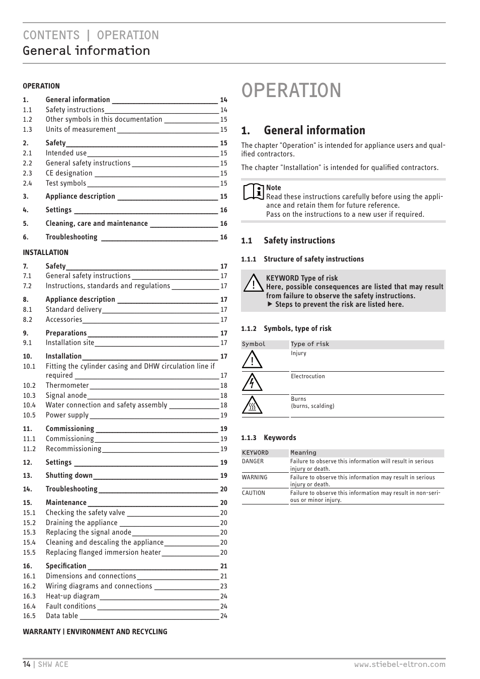 Operation, Contents | operation general information, General information | STIEBEL ELTRON SHW 200-400 ACE с 06.05.2013 User Manual | Page 14 / 48
