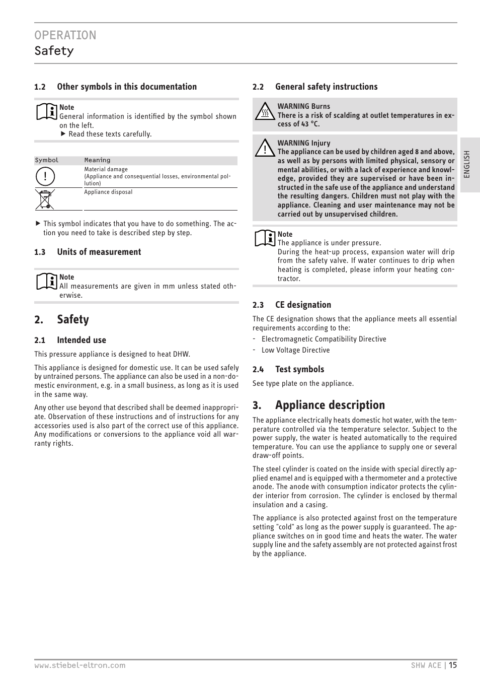 Operation safety, Safety, Appliance description | STIEBEL ELTRON SHW 200-400 ACE с 06.05.2013 User Manual | Page 15 / 48