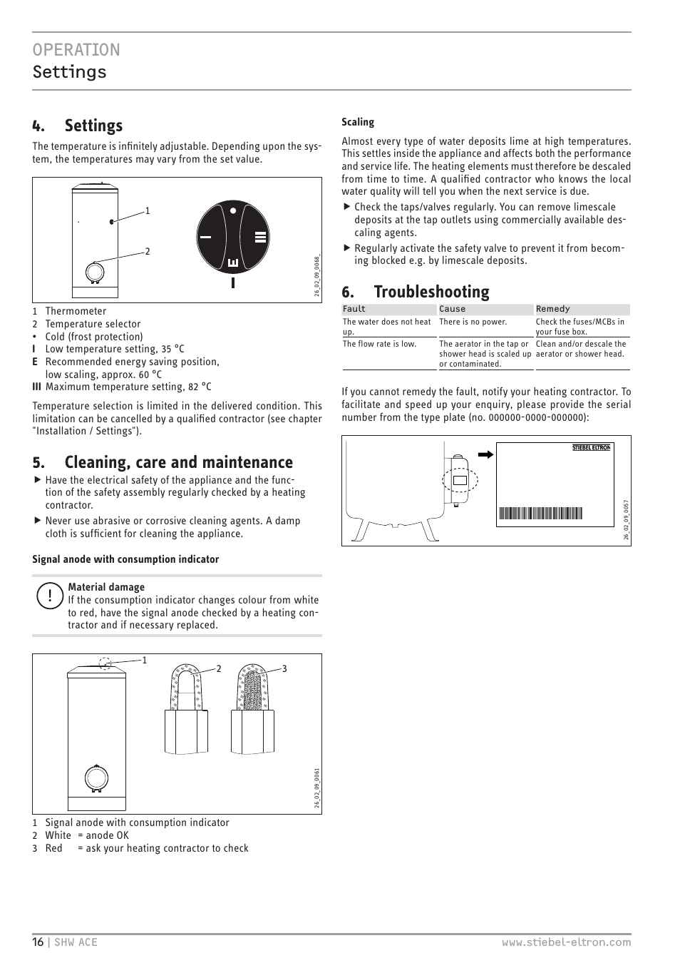 Operation settings, Settings, Cleaning, care and maintenance | Troubleshooting | STIEBEL ELTRON SHW 200-400 ACE с 06.05.2013 User Manual | Page 16 / 48