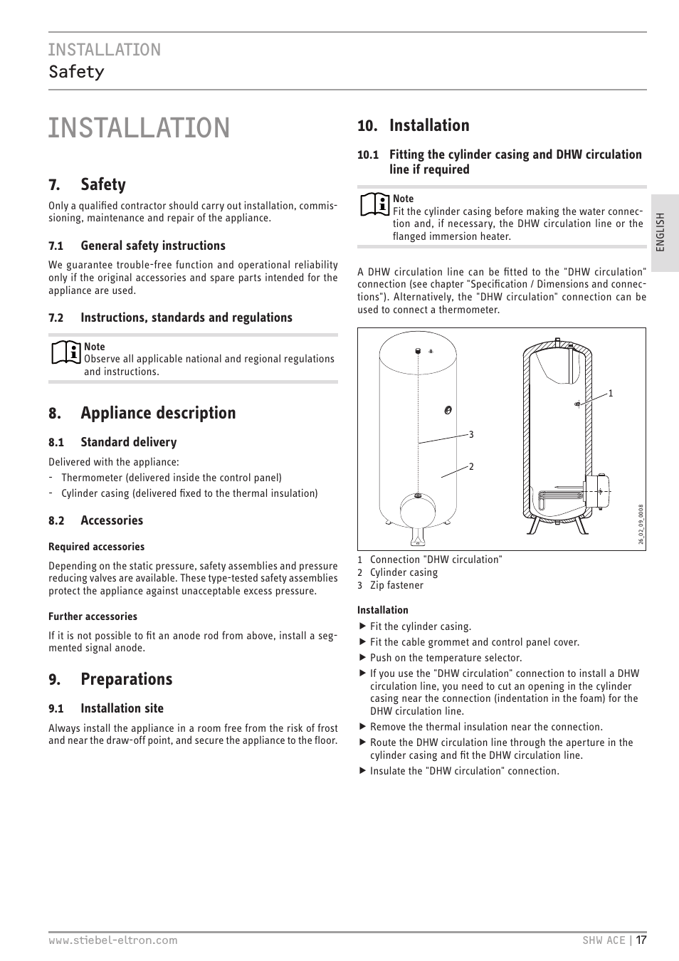 Installation, Installation safety, Safety | Appliance description, Preparations | STIEBEL ELTRON SHW 200-400 ACE с 06.05.2013 User Manual | Page 17 / 48