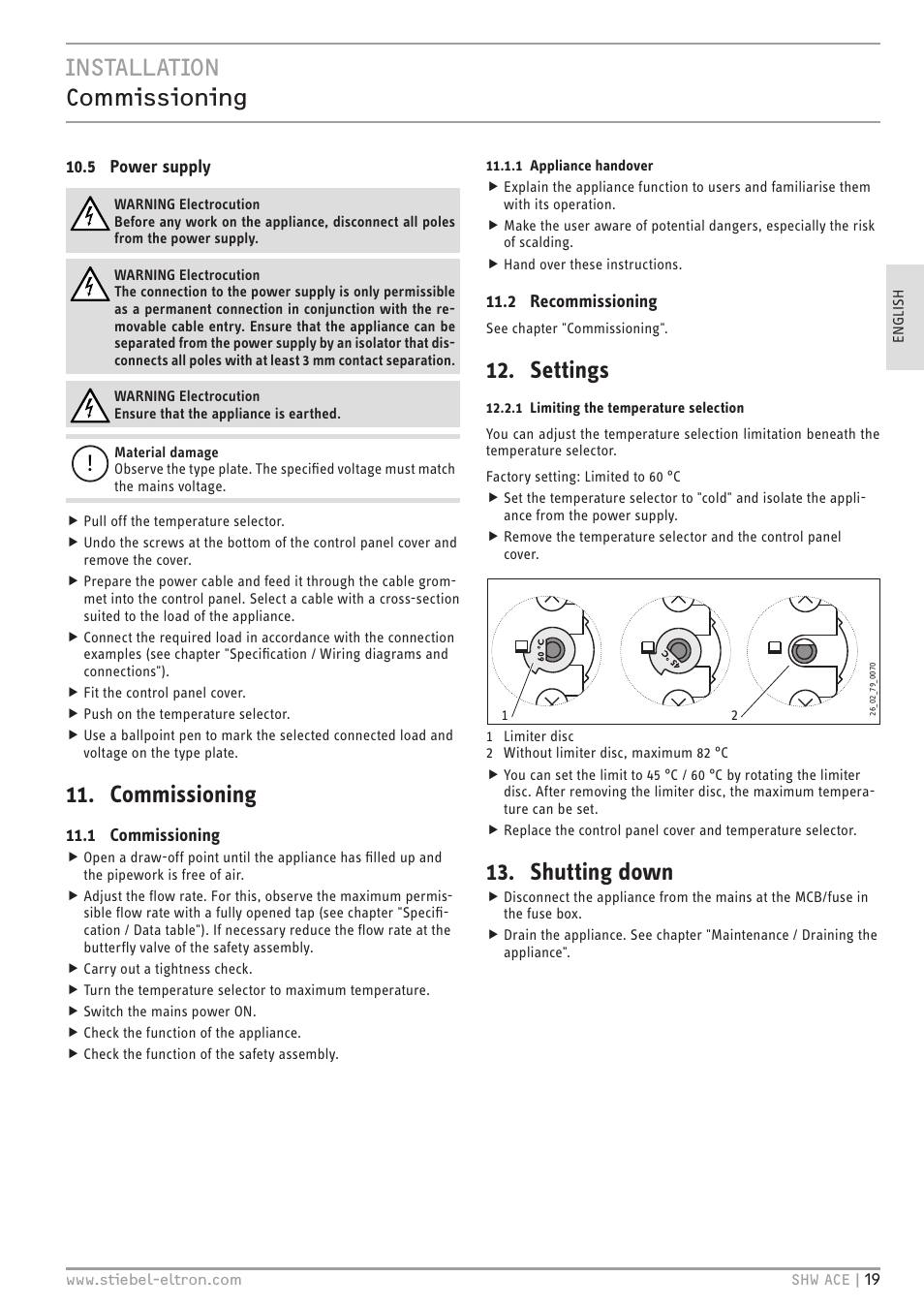 Installation commissioning, Commissioning, Settings | Shutting down | STIEBEL ELTRON SHW 200-400 ACE с 06.05.2013 User Manual | Page 19 / 48