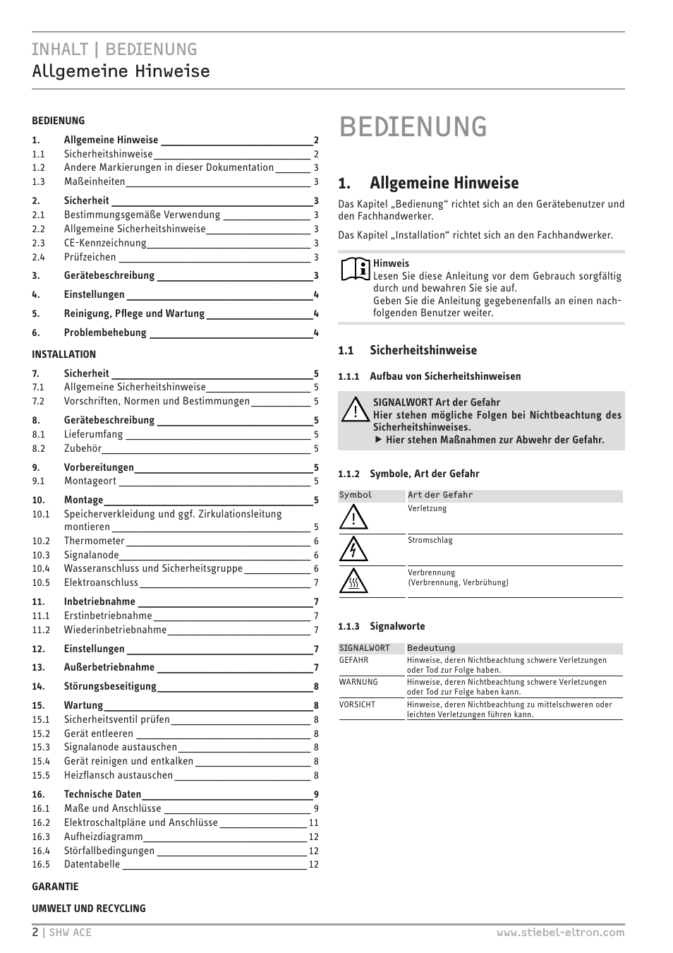 Bedienung, Inhalt | bedienung allgemeine hinweise, Allgemeine hinweise | STIEBEL ELTRON SHW 200-400 ACE с 06.05.2013 User Manual | Page 2 / 48