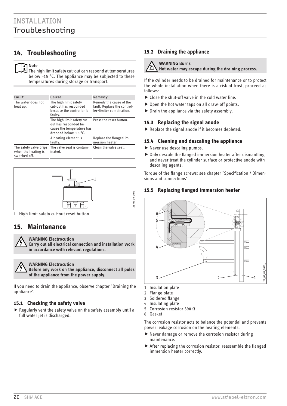 Installation troubleshooting 14. troubleshooting, Maintenance, 1 checking the safety valve | 2 draining the appliance, 3 replacing the signal anode, 4 cleaning and descaling the appliance, 5 replacing flanged immersion heater | STIEBEL ELTRON SHW 200-400 ACE с 06.05.2013 User Manual | Page 20 / 48