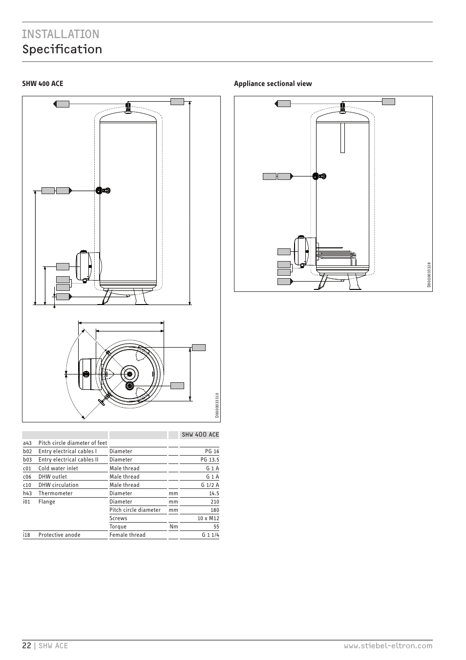 Installation specification, Shw 400 ace | STIEBEL ELTRON SHW 200-400 ACE с 06.05.2013 User Manual | Page 22 / 48