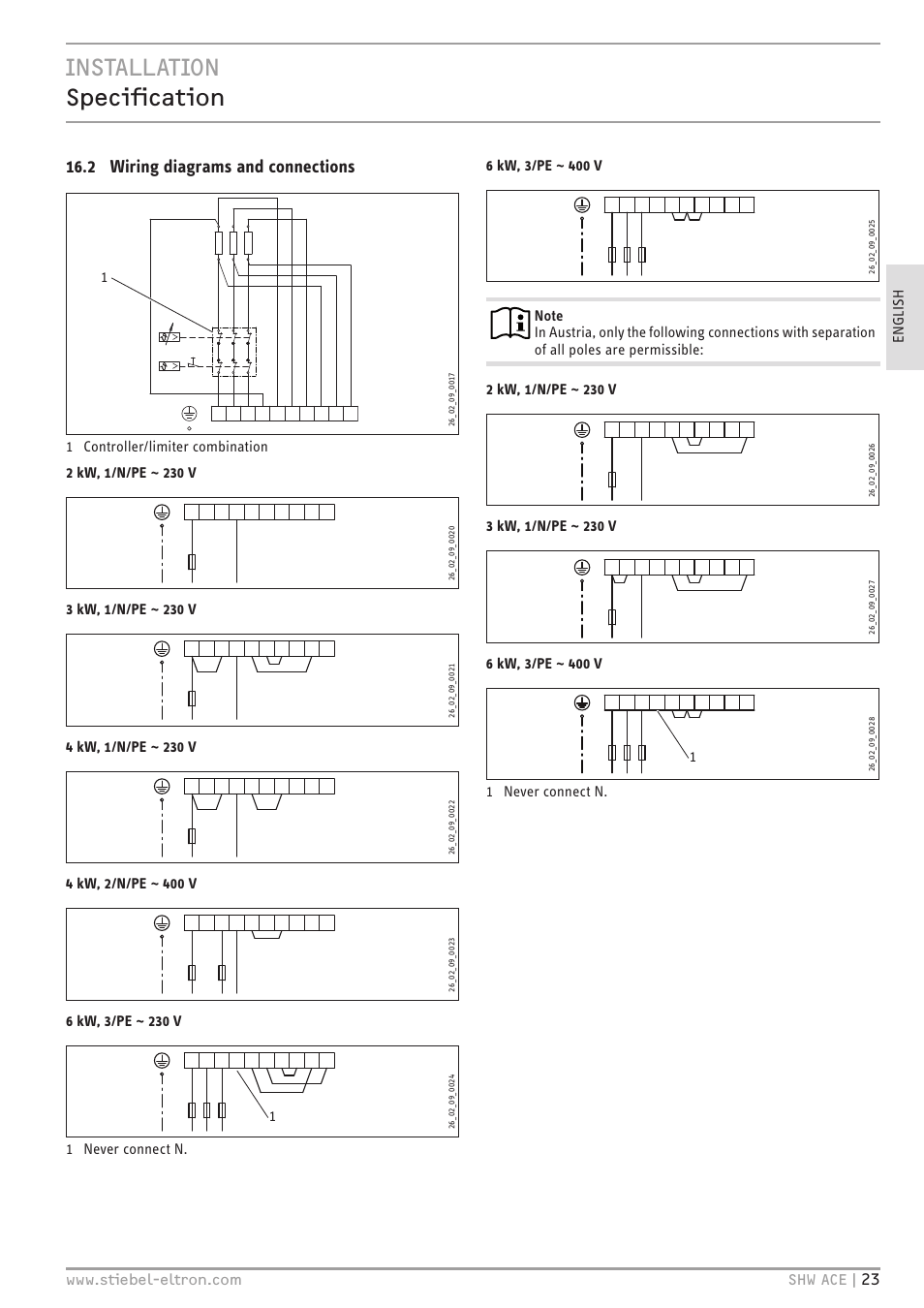 Installation specification, 2 wiring diagrams and connections, 11 never connect n | STIEBEL ELTRON SHW 200-400 ACE с 06.05.2013 User Manual | Page 23 / 48