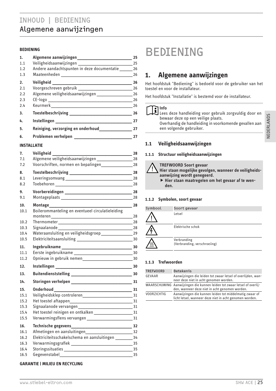 Bediening, Inhoud | bediening algemene aanwijzingen, Algemene aanwijzingen | STIEBEL ELTRON SHW 200-400 ACE с 06.05.2013 User Manual | Page 25 / 48