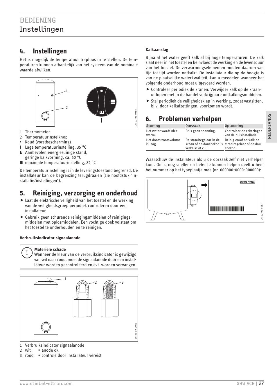 Bediening instellingen, Instellingen, Reiniging, verzorging en onderhoud | Problemen verhelpen | STIEBEL ELTRON SHW 200-400 ACE с 06.05.2013 User Manual | Page 27 / 48