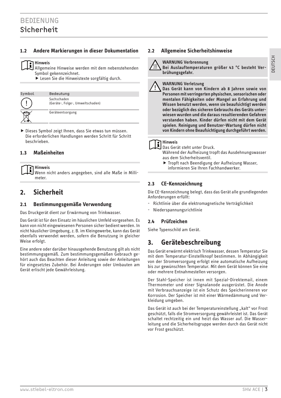 Bedienung sicherheit, Sicherheit, Gerätebeschreibung | STIEBEL ELTRON SHW 200-400 ACE с 06.05.2013 User Manual | Page 3 / 48