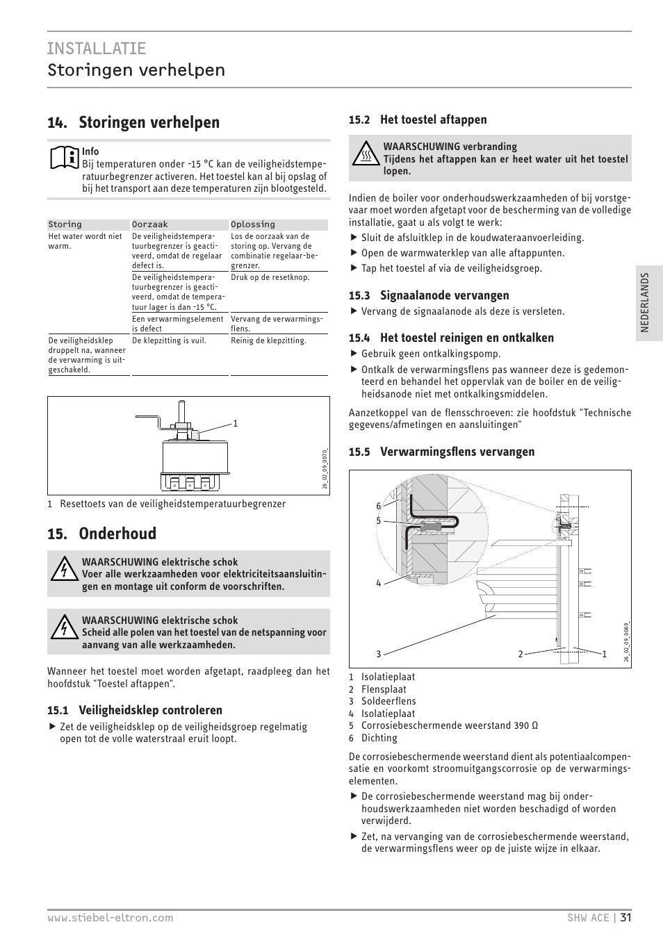 Onderhoud, 1 veiligheidsklep controleren, 2 het toestel aftappen | 3 signaalanode vervangen, 4 het toestel reinigen en ontkalken, 5 verwarmingsflens vervangen | STIEBEL ELTRON SHW 200-400 ACE с 06.05.2013 User Manual | Page 31 / 48