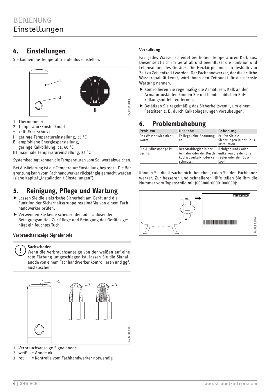 Bedienung einstellungen, Einstellungen, Reinigung, pflege und wartung | Problembehebung | STIEBEL ELTRON SHW 200-400 ACE с 06.05.2013 User Manual | Page 4 / 48