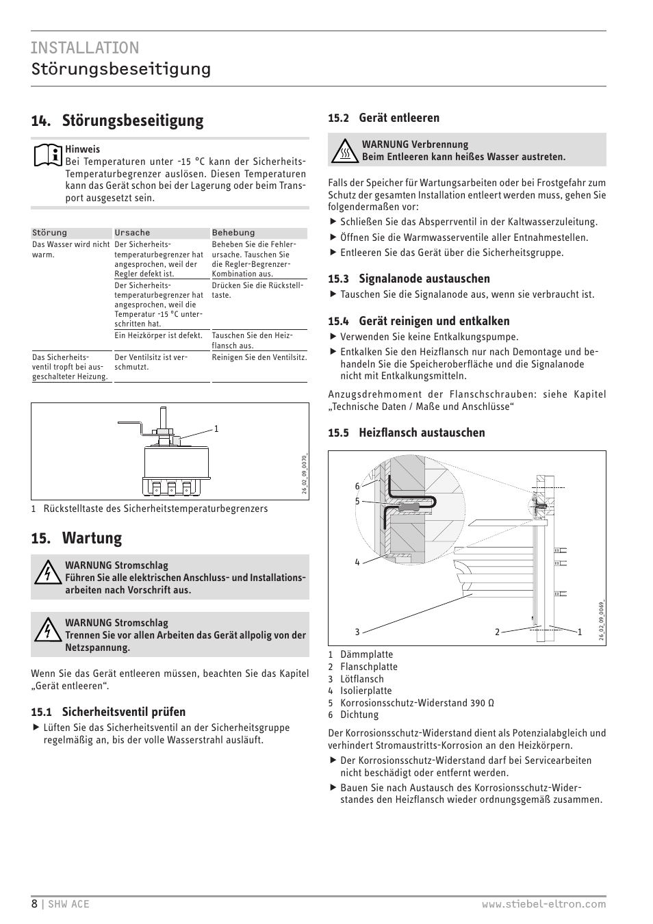 Wartung, 1 sicherheitsventil prüfen, 2 gerät entleeren | 3 signalanode austauschen, 4 gerät reinigen und entkalken, 5 heizflansch austauschen | STIEBEL ELTRON SHW 200-400 ACE с 06.05.2013 User Manual | Page 8 / 48