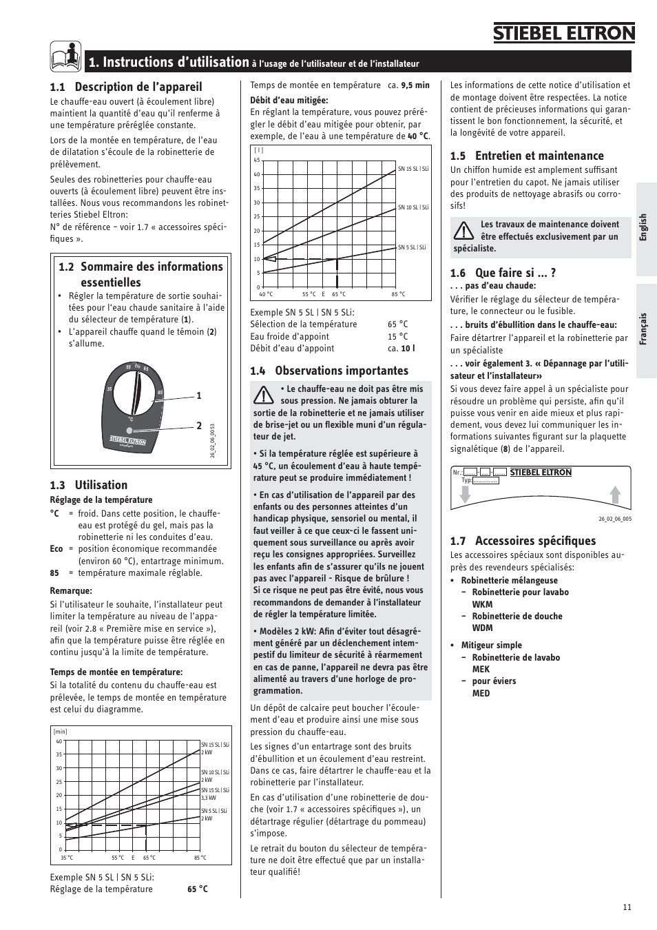 Instructions d’utilisation, 1 description de l’appareil, 2 sommaire des informations essentielles | 3 utilisation, 4 observations importantes, 5 entretien et maintenance, 6 que faire si, 7 accessoires spéciﬁques | STIEBEL ELTRON SN ... SLi с 01.11.2007 User Manual | Page 11 / 34