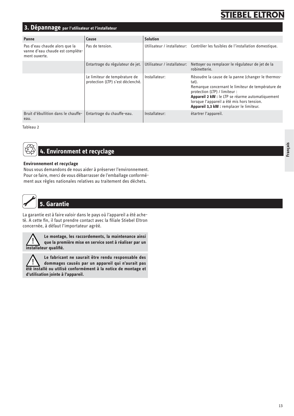 Garantie 4. environment et recyclage 3. dépannage | STIEBEL ELTRON SN ... SLi с 01.11.2007 User Manual | Page 13 / 34