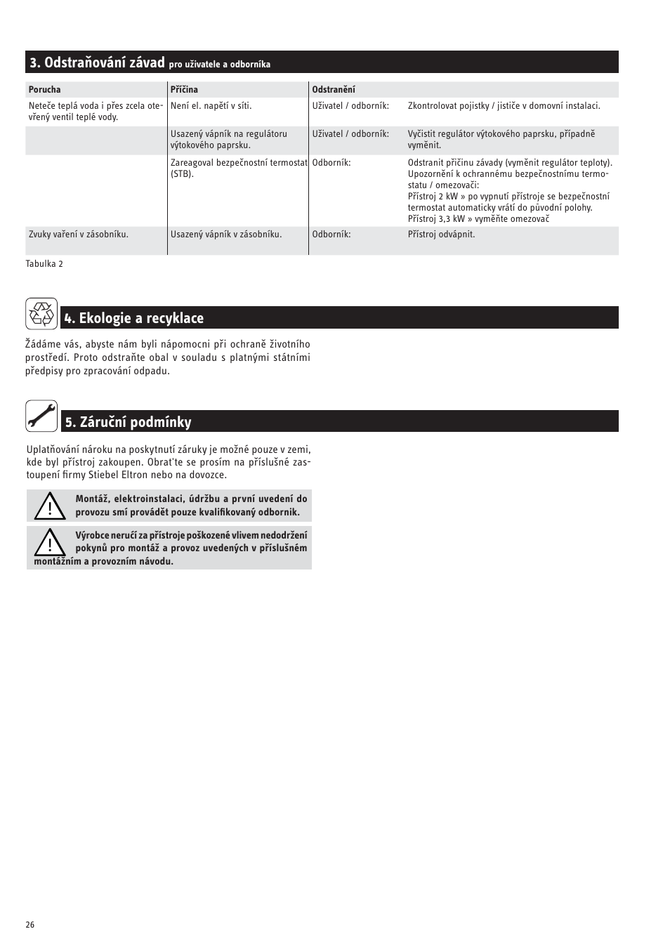 Záruční podmínky 4. ekologie a recyklace, Odstraňování závad | STIEBEL ELTRON SN ... SLi с 01.11.2007 User Manual | Page 26 / 34