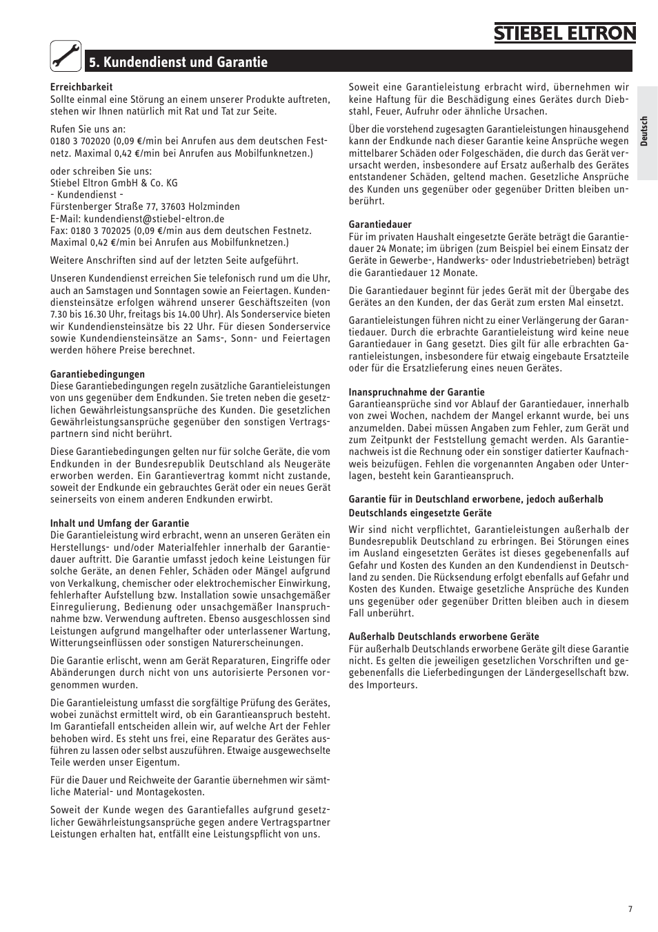 Kundendienst und garantie | STIEBEL ELTRON SN ... SLi с 01.11.2007 User Manual | Page 7 / 34