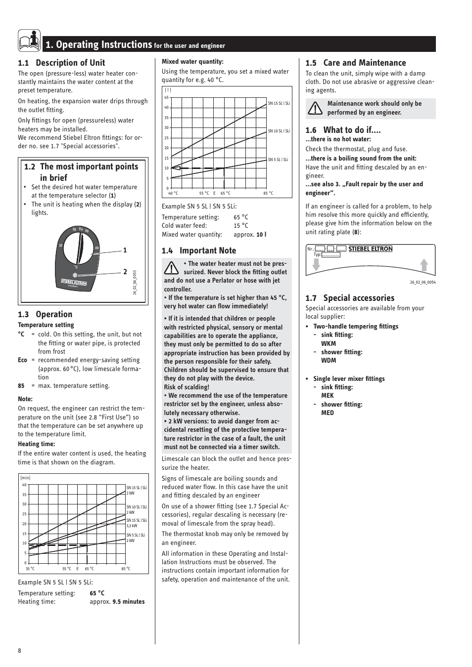 Operating instructions, 1 description of unit, 2 the most important points in brief | 3 operation, 5 care and maintenance, 6 what to do if, 7 special accessories | STIEBEL ELTRON SN ... SLi с 01.11.2007 User Manual | Page 8 / 34