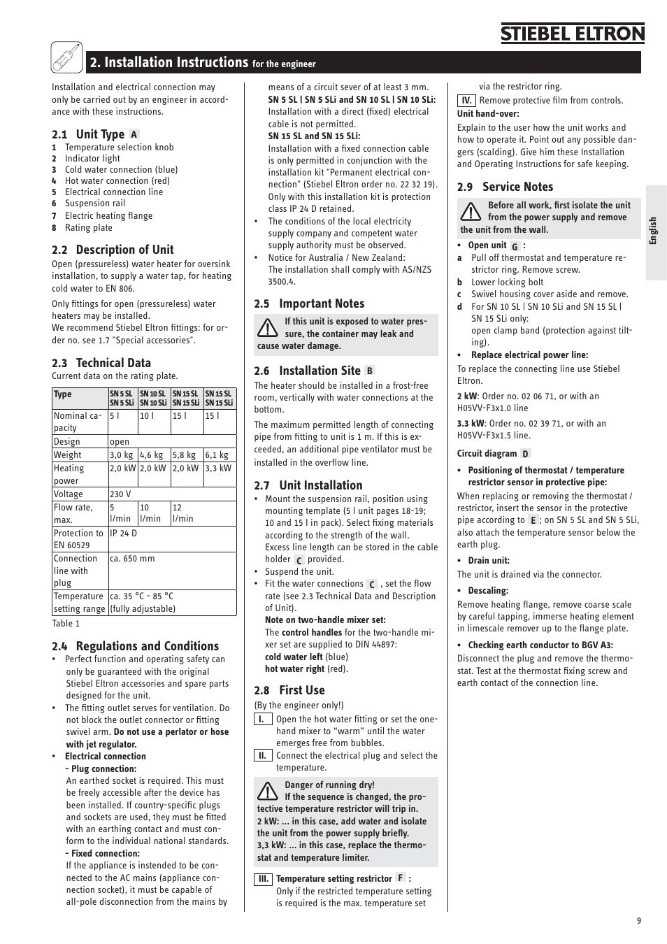 Installation instructions, 1 unit type, 2 description of unit | 3 technical data, 4 regulations and conditions, 6 installation site, 7 unit installation, 8 first use | STIEBEL ELTRON SN ... SLi с 01.11.2007 User Manual | Page 9 / 34